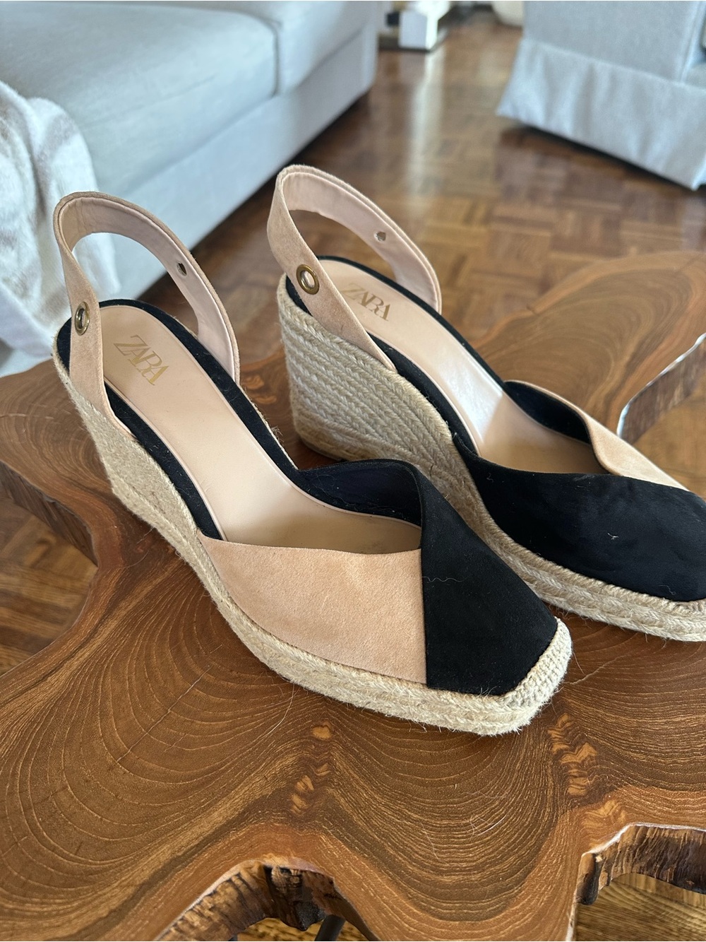 Zara Black and Beige Espadrille Slingback Wedge Sandals